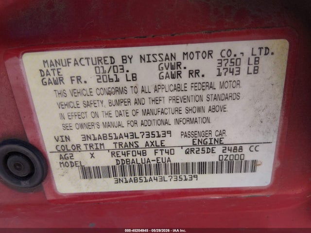 Aukcja sprzedaży 2003 Nissan Sentra Se-r, vin: 3N1AB51A43L735139, numer aukcji: 45204945