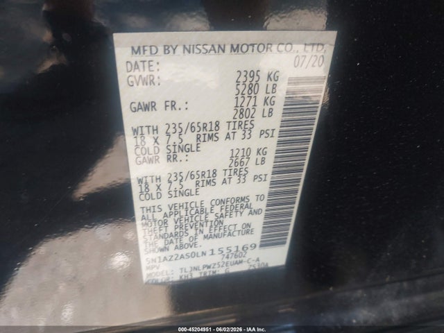 45204951 :رقم المزاد ، 5N1AZ2AS0LN155169 vin ، 2020 Nissan Murano S Intelligent Awd مزاد بيع