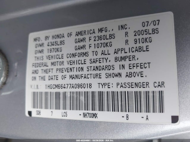 2007 Honda Accord 3.0 Se მანქანა იყიდება აუქციონზე, vin: 1HGCM66477A096018, აუქციონის ნომერი: 45204961