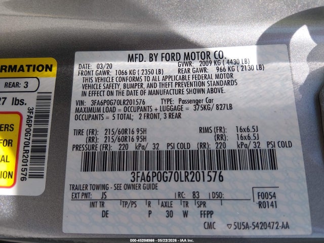 Aukcja sprzedaży 2020 Ford Fusion S, vin: 3FA6P0G70LR201576, numer aukcji: 45204966