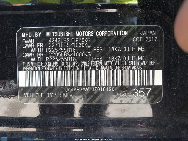 2018 Mitsubishi Outlander Sport 2.4 Se მანქანა იყიდება აუქციონზე, vin: JA4AR3AW1JZ018190, აუქციონის ნომერი: 45204976