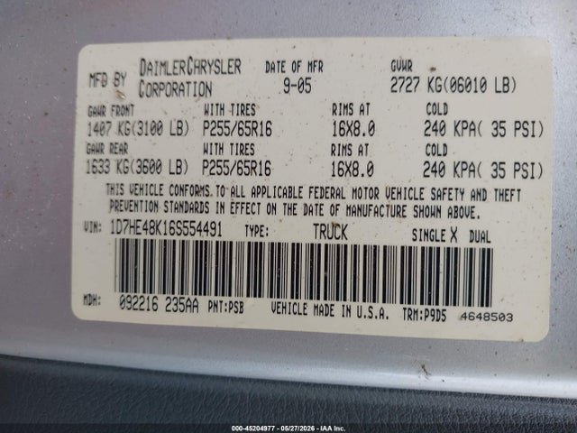2006 Dodge Dakota Slt მანქანა იყიდება აუქციონზე, vin: 1D7HE48K16S554491, აუქციონის ნომერი: 45204977