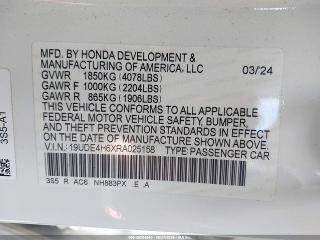 Продажа на аукционе авто 2024 Acura Integra A-spec Technology, vin: 19UDE4H6XRA025158, номер лота: 45204980