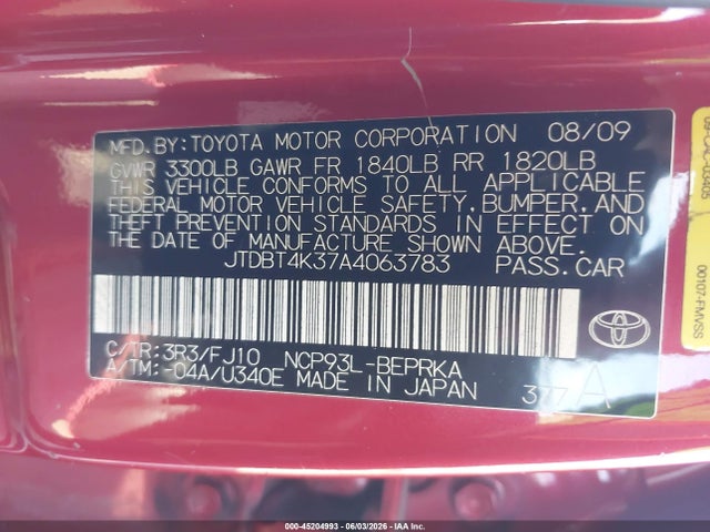 Aukcja sprzedaży 2010 Toyota Yaris, vin: JTDBT4K37A4063783, numer aukcji: 45204993