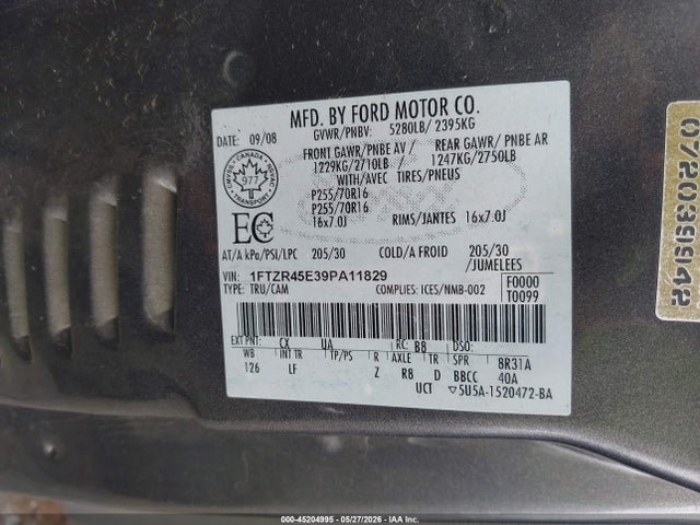 45204995 :رقم المزاد ، 1FTZR45E39PA11829 vin ، 2009 Ford Ranger Xlt مزاد بيع