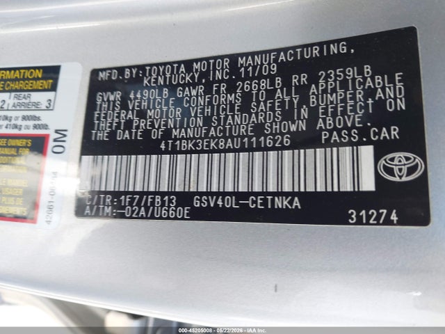 45205008 :رقم المزاد ، 4T1BK3EK8AU111626 vin ، 2010 Toyota Camry Le V6 مزاد بيع