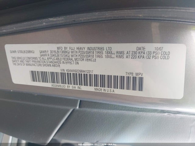 2008 Subaru Tribeca Limited 5-passenger მანქანა იყიდება აუქციონზე, vin: 4S4WX92D984412217, აუქციონის ნომერი: 45205009