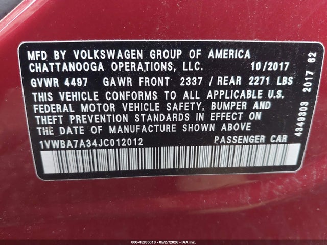 2018 Volkswagen Passat 2.0t Se მანქანა იყიდება აუქციონზე, vin: 1VWBA7A34JC012012, აუქციონის ნომერი: 45205010