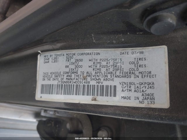Aukcja sprzedaży 1998 Toyota 4runner Sr5 V6, vin: JT3GN86R1W0091488, numer aukcji: 45205023