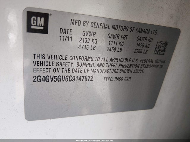 Aukcja sprzedaży 2012 Buick Regal Gs, vin: 2G4GV5GV6C9147072, numer aukcji: 45205028