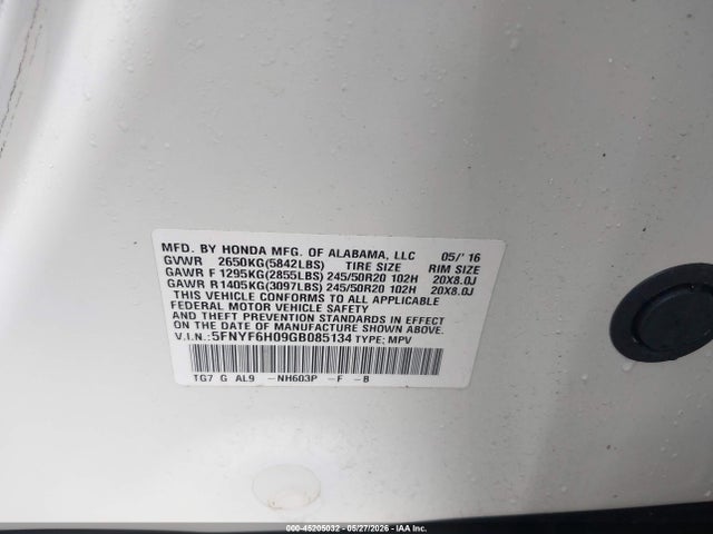 Honda Pilot Elite 2016 5FNYF6H09GB085134 Image 9