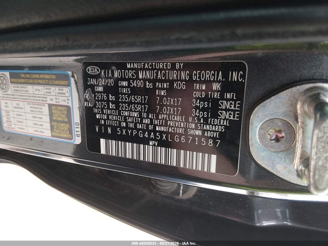 5XYPG4A5XLG671587 KIA Sorento 3.3l Lx