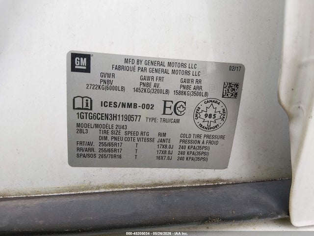 Продаж на аукціоні авто 2017 Gmc Canyon Sle, vin: 1GTG6CEN3H1190577, номер лоту: 45205034