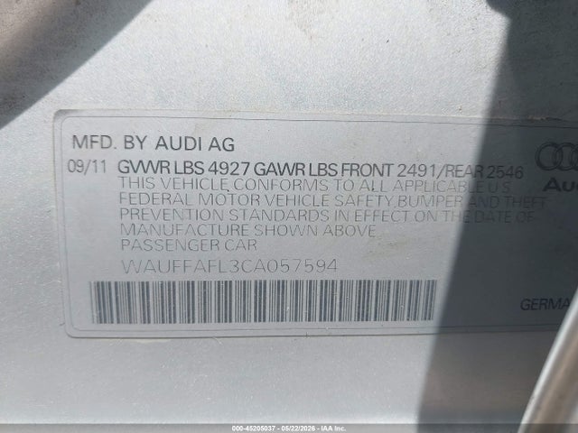 45205037 :رقم المزاد ، WAUFFAFL3CA057594 vin ، 2012 Audi A4 2.0t Premium مزاد بيع