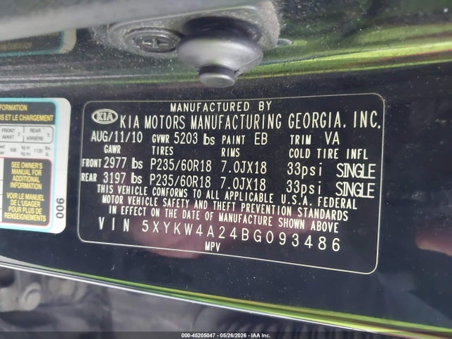 2011 Kia Sorento Sx V6 მანქანა იყიდება აუქციონზე, vin: 5XYKW4A24BG093486, აუქციონის ნომერი: 45205047