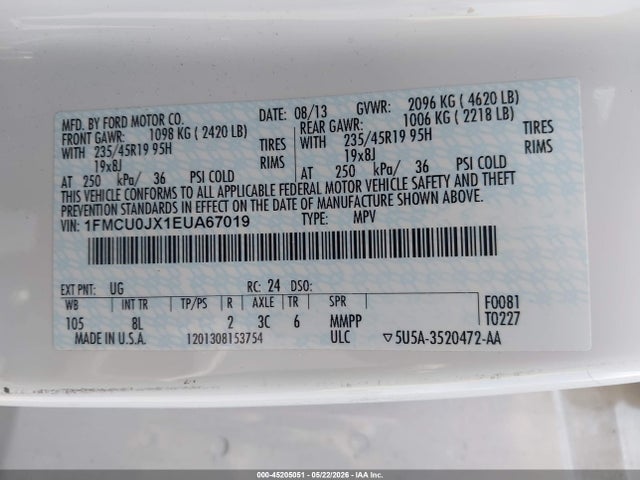 45205051 :رقم المزاد ، 1FMCU0JX1EUA67019 vin ، 2014 Ford Escape Titanium مزاد بيع