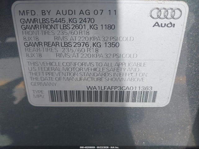 Продажа на аукционе авто 2012 Audi Q5 2.0t Premium, vin: WA1LFAFP3CA011363, номер лота: 45205059