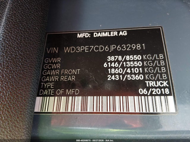 45205075 :رقم المزاد ، WD3PE7CD6JP632981 vin ، 2018 Mercedes-benz Sprinter 2500 Standard Roof V6 مزاد بيع