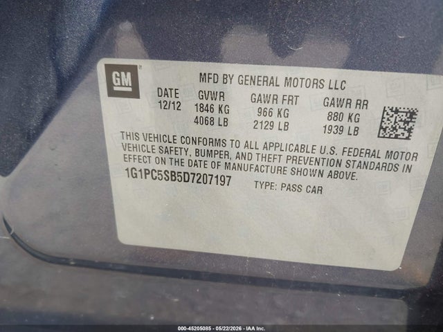 Aukcja sprzedaży 2013 Chevrolet Cruze 1lt Auto, vin: 1G1PC5SB5D7207197, numer aukcji: 45205085