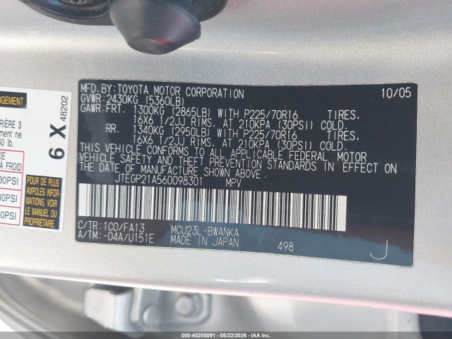 45205091 :رقم المزاد ، JTEGP21A560098301 vin ، 2006 Toyota Highlander V6 مزاد بيع