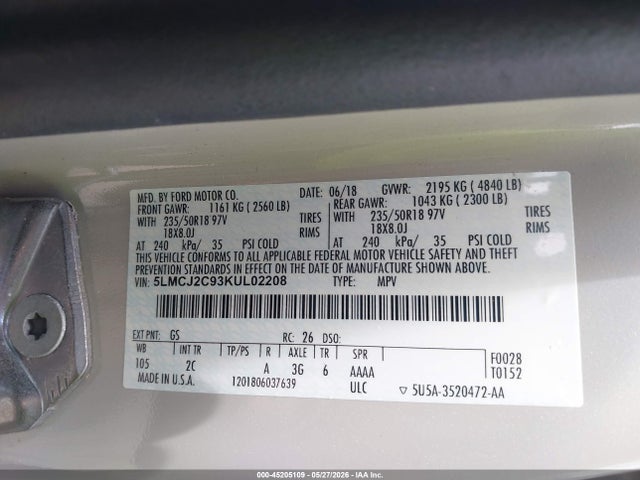 45205109 :رقم المزاد ، 5LMCJ2C93KUL02208 vin ، 2019 Lincoln Mkc Select مزاد بيع