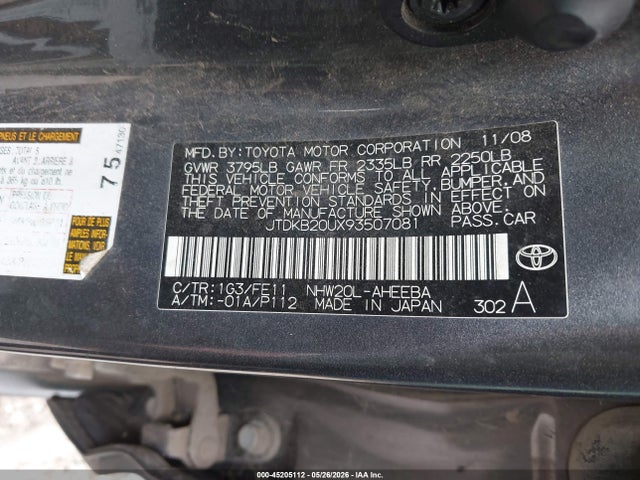 Aukcja sprzedaży 2009 Toyota Prius, vin: JTDKB20UX93507081, numer aukcji: 45205112