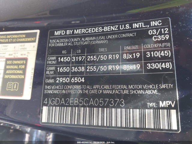 Продажа на аукционе авто 2012 Mercedes-benz Ml 350 Bluetec 4matic, vin: 4JGDA2EB5CA057373, номер лота: 45205114