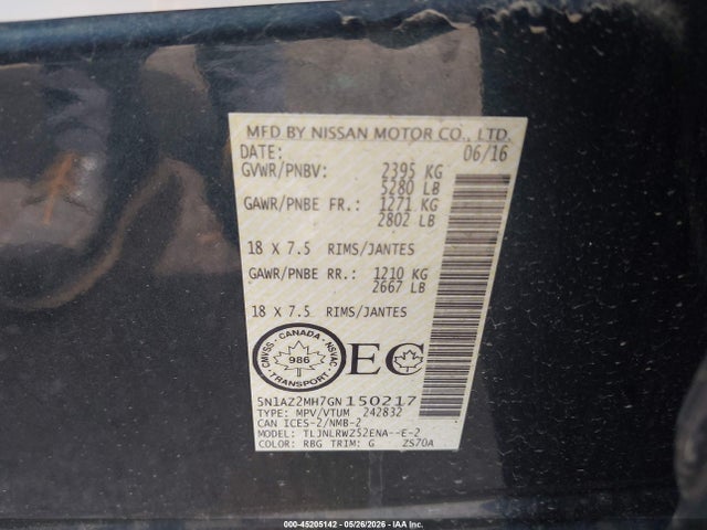 Продажа на аукционе авто 2016 Nissan Murano Platinum/s/sl/sv, vin: 5N1AZ2MH7GN150217, номер лота: 45205142