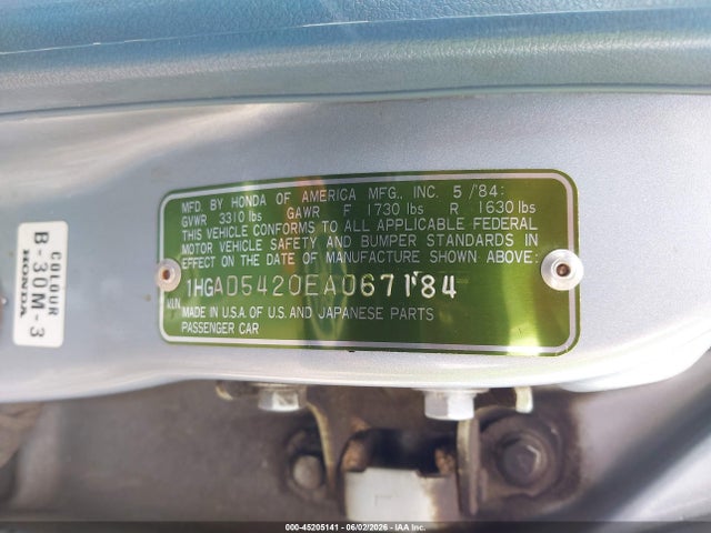 45205141 :رقم المزاد ، 1HGAD5420EA067184 vin ، 1984 Honda Accord 1800 مزاد بيع