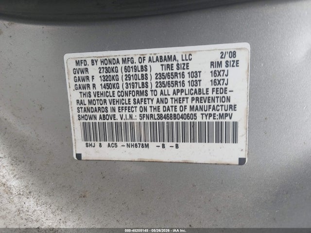 Продажа на аукционе авто 2008 Honda Odyssey Ex, vin: 5FNRL38468B040605, номер лота: 45205145