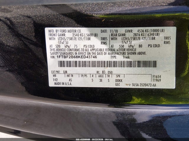 Aukcja sprzedaży 2019 Ford F-250 Xl, vin: 1FTBF2B68KED43746, numer aukcji: 45205169