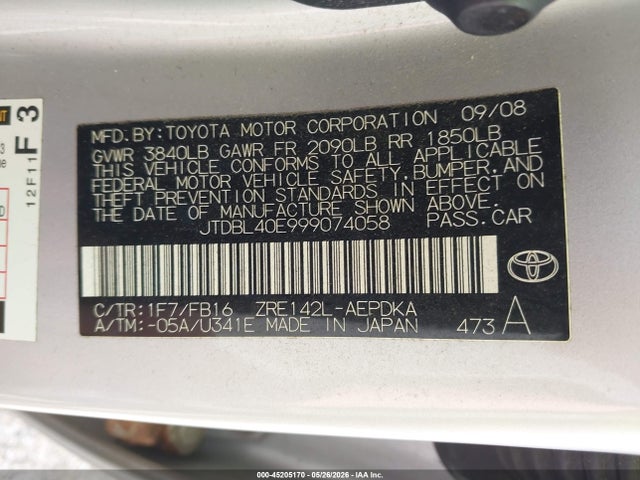 2009 Toyota Corolla Le მანქანა იყიდება აუქციონზე, vin: JTDBL40E999074058, აუქციონის ნომერი: 45205170