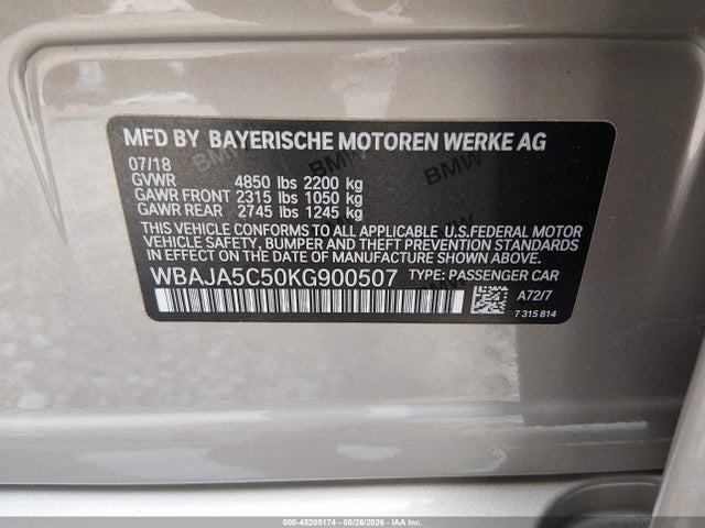Aukcja sprzedaży 2019 Bmw 530i, vin: WBAJA5C50KG900507, numer aukcji: 45205174