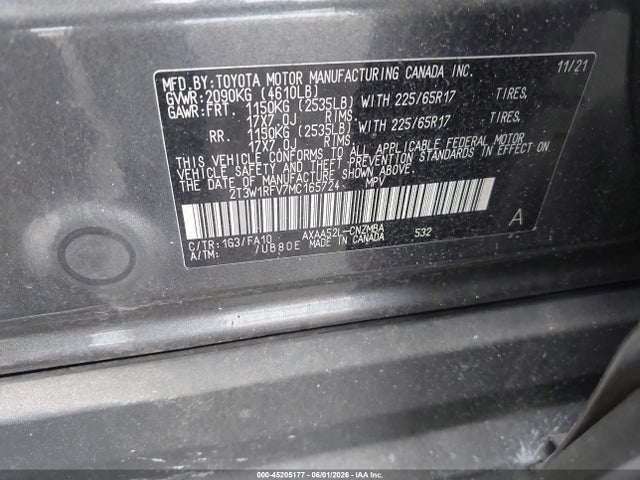 Aukcja sprzedaży 2021 Toyota Rav4 Xle, vin: 2T3W1RFV7MC165724, numer aukcji: 45205177
