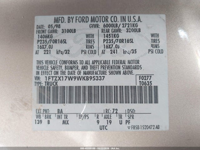 Aukcja sprzedaży 1998 Ford F-150 Lariat/standard/xl/xlt, vin: 1FTZX17W9WKB95337, numer aukcji: 45205189