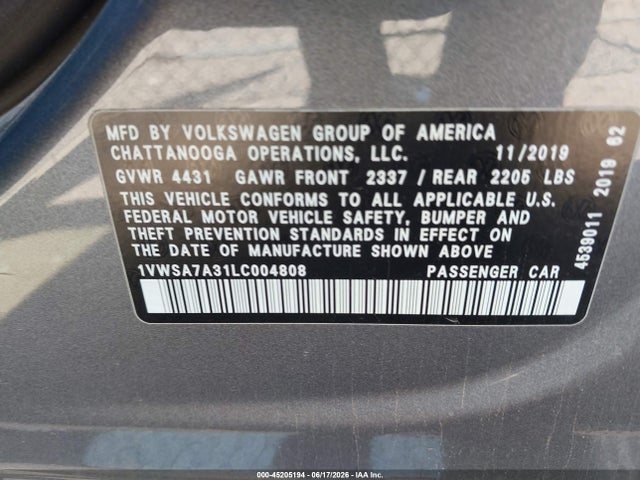 2020 Volkswagen Passat 2.0t Se მანქანა იყიდება აუქციონზე, vin: 1VWSA7A31LC004808, აუქციონის ნომერი: 45205194