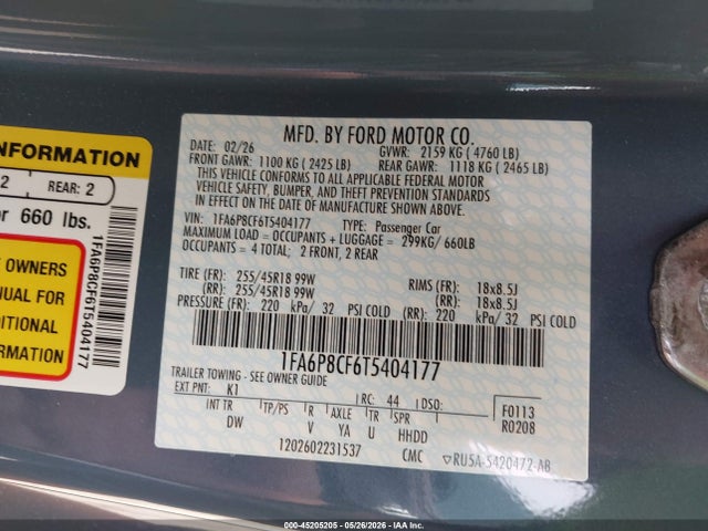 Продаж на аукціоні авто 2026 Ford Mustang Gt Fastback, vin: 1FA6P8CF6T5404177, номер лоту: 45205205