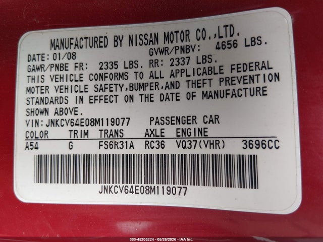 Продажа на аукционе авто 2008 Infiniti G37 Sport, vin: JNKCV64E08M119077, номер лота: 45205224