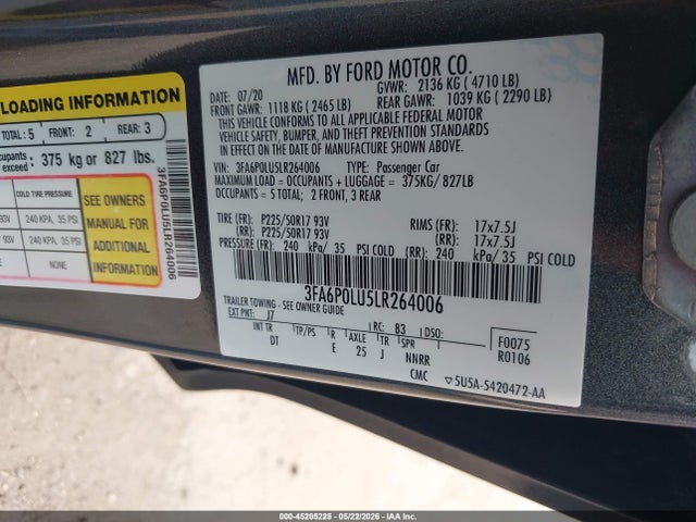 Aukcja sprzedaży 2020 Ford Fusion Hybrid Se, vin: 3FA6P0LU5LR264006, numer aukcji: 45205225