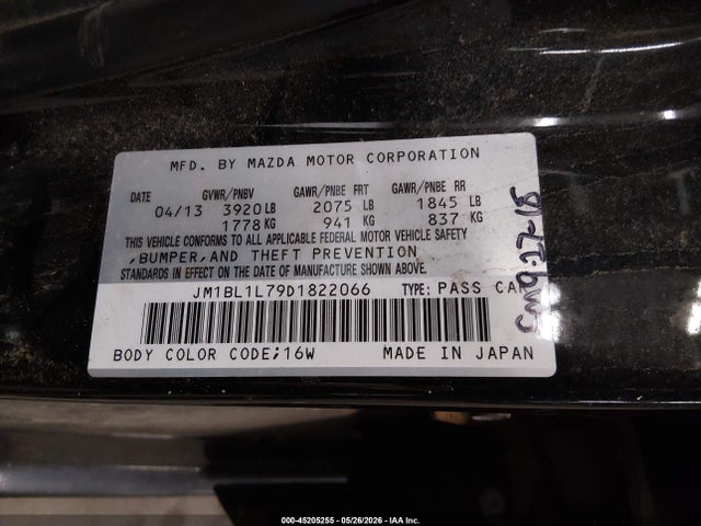 Aukcja sprzedaży 2013 Mazda Mazda3 I Touring, vin: JM1BL1L79D1822066, numer aukcji: 45205255