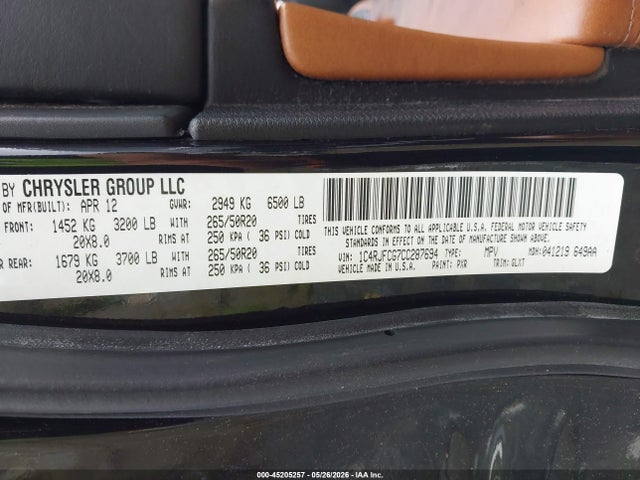 2012 Jeep Grand Cherokee Overland მანქანა იყიდება აუქციონზე, vin: 1C4RJFCG7CC287694, აუქციონის ნომერი: 45205257