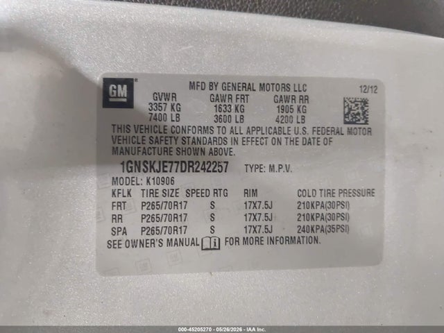 Продаж на аукціоні авто 2013 Chevrolet Suburban 1500 Lt, vin: 1GNSKJE77DR242257, номер лоту: 45205270
