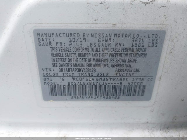 Aukcja sprzedaży 2019 Nissan Sentra S, vin: 3N1AB7AP3KY438428, numer aukcji: 45205278