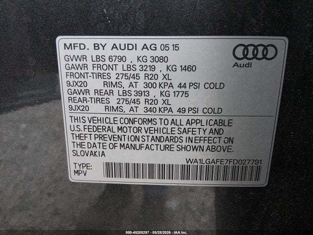 Aukcja sprzedaży 2015 Audi Q7 3.0t Premium, vin: WA1LGAFE7FD027791, numer aukcji: 45205297