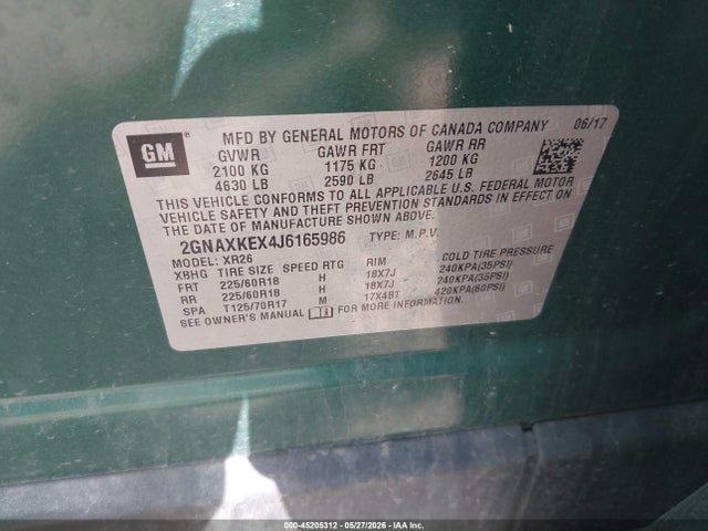 Продаж на аукціоні авто 2018 Chevrolet Equinox Lt, vin: 2GNAXKEX4J6165986, номер лоту: 45205312