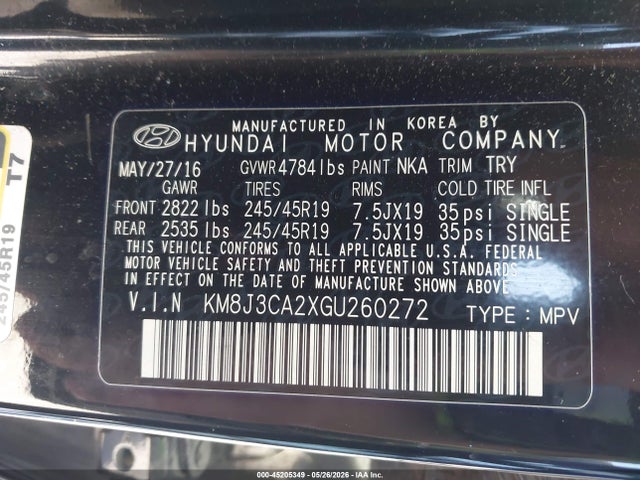 2016 Hyundai Tucson Limited მანქანა იყიდება აუქციონზე, vin: KM8J3CA2XGU260272, აუქციონის ნომერი: 45205349