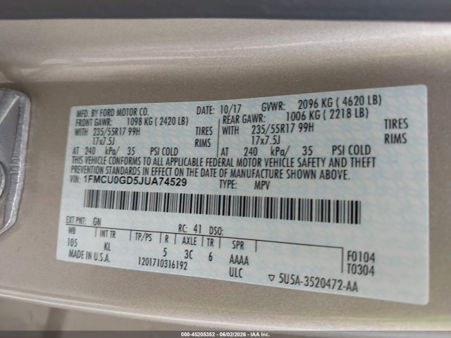 45205352 :رقم المزاد ، 1FMCU0GD5JUA74529 vin ، 2018 Ford Escape Se مزاد بيع
