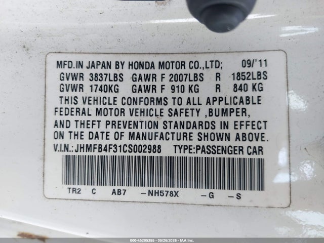 Продажа на аукционе авто 2012 Honda Civic Hybrid, vin: JHMFB4F31CS002988, номер лота: 45205355