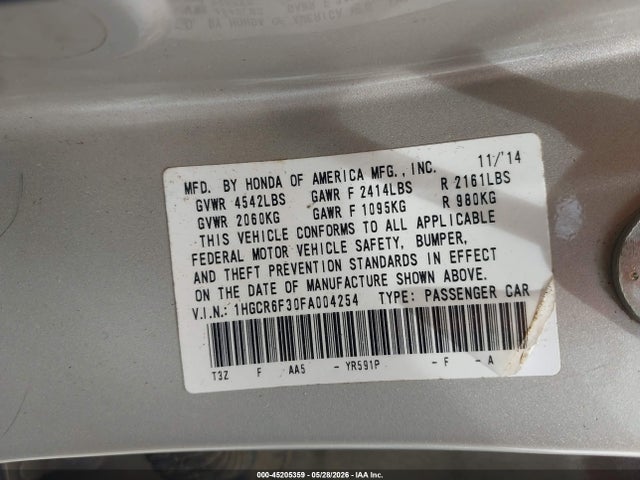 Продаж на аукціоні авто 2015 Honda Accord Hybrid, vin: 1HGCR6F30FA004254, номер лоту: 45205359