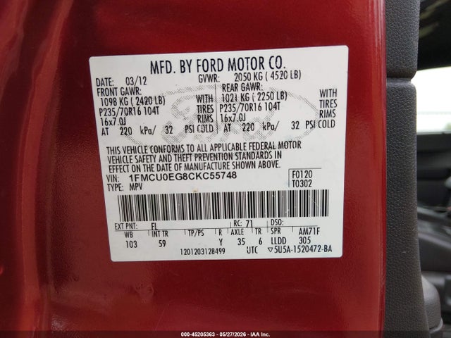 45205363 :رقم المزاد ، 1FMCU0EG8CKC55748 vin ، 2012 Ford Escape Limited مزاد بيع